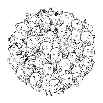 Doodle birds circle shape pattern for coloring book. Coloring page Stock Illustration