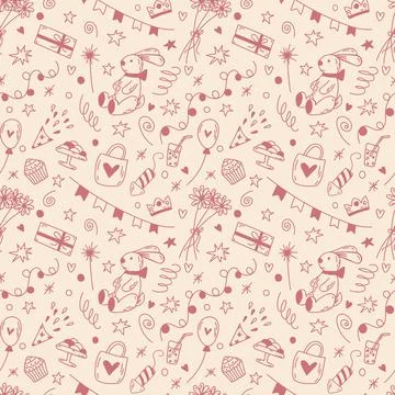 Doodle birthday seamless pattern in pink and champagne. Cute cartoon vector b Stock Illustration
