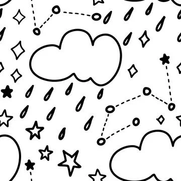 Doodle black and white clouds with rain, stars and cosmos seamless pattern. Cute Stock Illustration