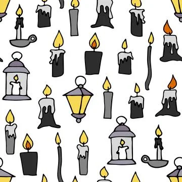 Doodle black burning floating candles seamless pattern Stock Illustration