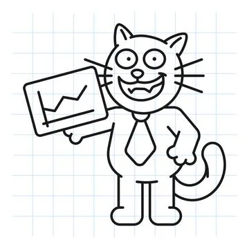 Doodle black cat holds digital tablet with business chart and smiles Stock Illustration