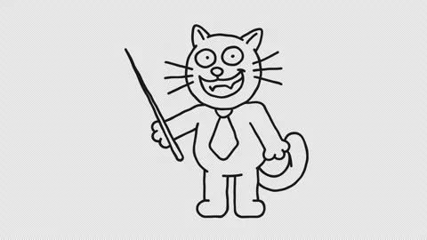 Doodle black cat holds pointer and smiles. Alpha channel Stock Footage 292300328