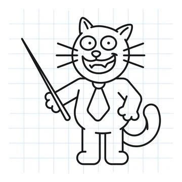 Doodle black cat holds pointer and smiles Stock Illustration