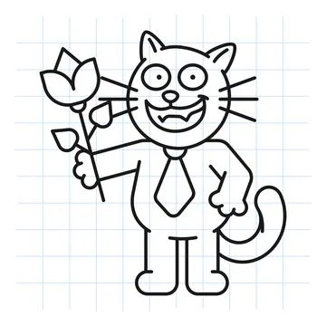 Doodle black cat holds rose and smiles Stock Illustration