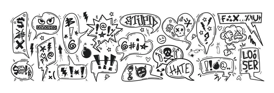Doodle black speech bubbles or comic explosion boxes with insults, curses Stock Illustration
