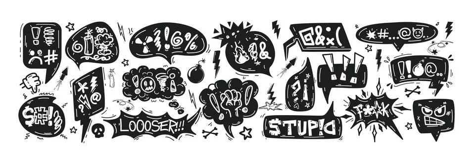 Doodle black speech bubbles or comic explosion boxes with insults, curses Stock Illustration