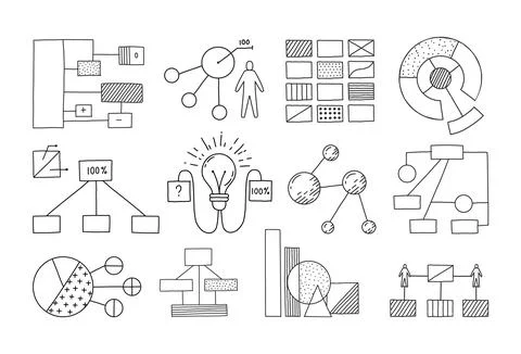 Doodle block schemes. Hand drawn sketch of infographic charts and bars. Data Stock Illustration