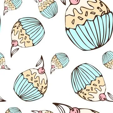 Doodle blue cupcake pattern with muffin and cherry with topping. Stock Illustration