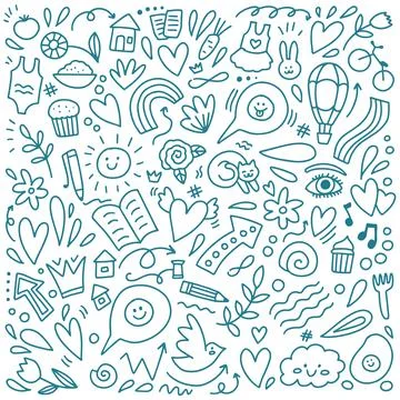 Doodle blue different objects cute set vector Stock Illustration