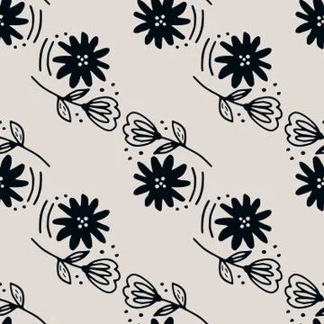 Doodle blue flower seamless pattern in line art style on light background. Ab 스톡 일러스트
