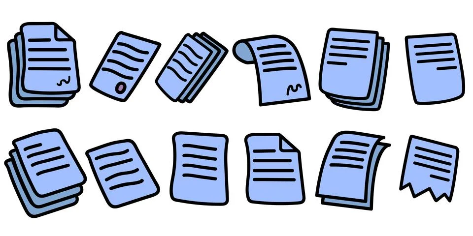 Doodle blue vector line document icon set isolated on white background. Blue 库存插图