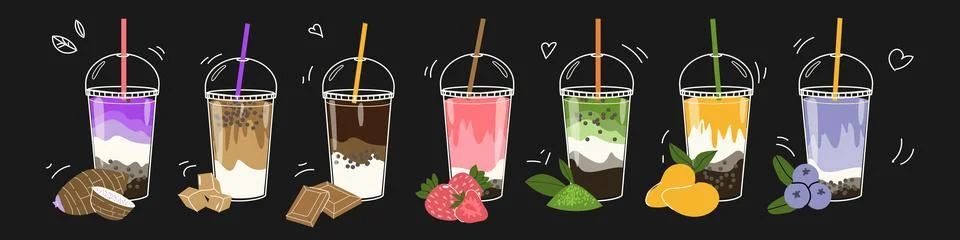 Doodle boba tea drinks in cups on black background. Illustrazione stock