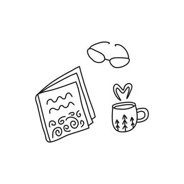 Doodle book or diary, drink in cup and eyeglasses. Stock Illustration