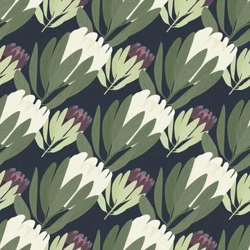 Doodle botanic seamless pattern with protea flowers silhouettes print. Navy b Illustrazione stock