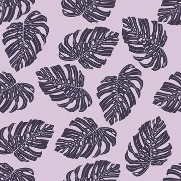 Doodle botanical seamless pattern with simple purple monstera foliage silhoue Stock Illustration