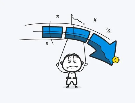 Doodle Boy Character Holding Falling Stock Market Chart with Dollar Coin Vect 库存插图