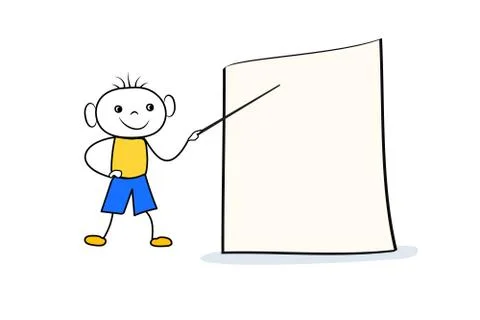 Doodle boy character with pointer near blank board at classroom. Stock Illustration