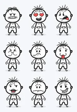 Doodle Boy Character Set with Love Heart Eyes and Various Emotions Vector Stock Illustration
