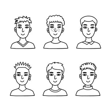 Doodle boy faces set. Hand drawn human avatar collection. Portraits of teenag Stock Illustration