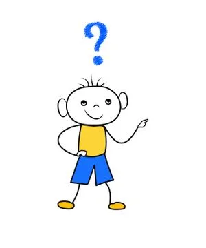 Doodle boy thinking with question mark. Scribble cartoon character isolated Stock Illustration