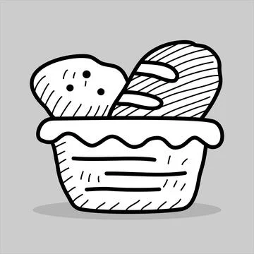 Doodle bread line icon in basket. Vector illustration. Illustrazione stock