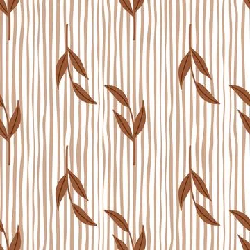 Doodle brown scandi leaf branches silhouettes seamless pattern. Striped pink  Stock Illustration
