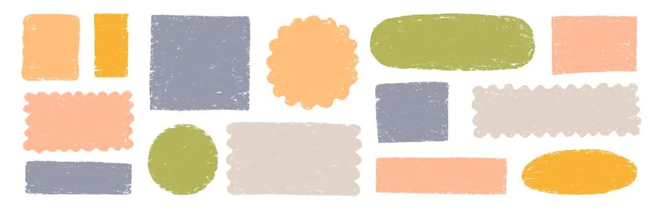 Doodle brush crayon shape frame set. Hand drawn paint box, circle border label Stock-Illustration