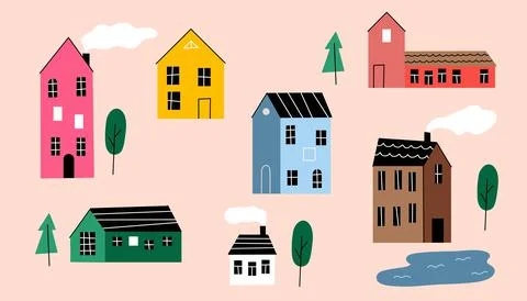 Doodle buildings. Cute small house and garden. Vector flat apartments. Illustrazione stock