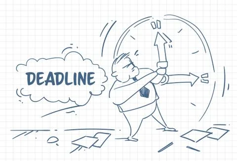 Doodle Business Man Pusing Arrows Of Clock Back Deadline Concept Hand Drawn Illustration
