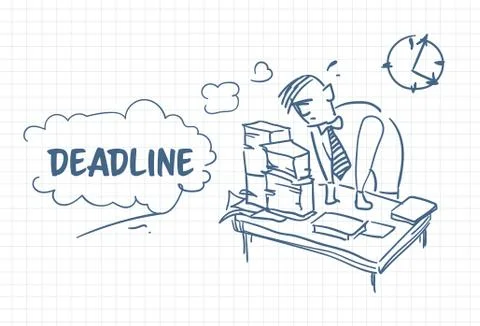 Doodle Business Man With Stack Of Documents Deadline Concept Hand Drawn Stock Illustration