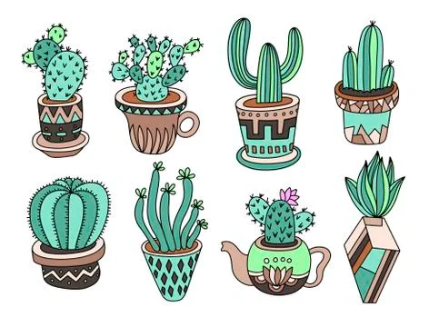 Doodle cacti collection, hand drawing set of various succulents Stock Illustration