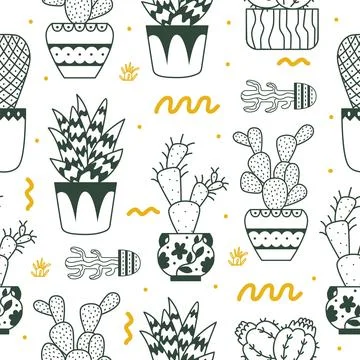 Doodle cactus seamless pattern. Cacti in decorative pots, house garden Stock Illustration