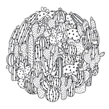 Doodle cactuses circle shape pattern for coloring book. Black and white Stock Illustration