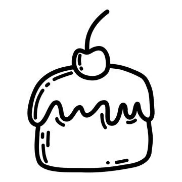 Doodle cake with icing and cherry. Vector linear sketch illustration of sweet Stock Illustration