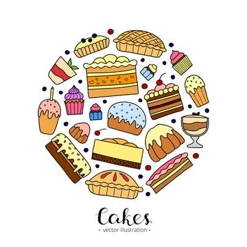 Doodle cakes in circle. イラスト素材