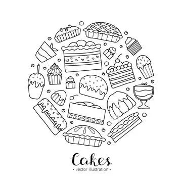 Doodle cakes in circle. Stock Illustration