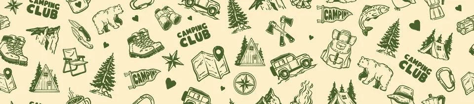 Doodle camping seamless pattern, hand drawn vector summer hiking background Stock Illustration