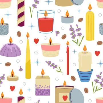 Doodle candle seamless pattern. Coffee beans and candles, relaxing mood abstract Stock Illustration