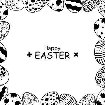 Doodle card for Easter decoration. Black and white silhouettes of eggs in Stock Illustration
