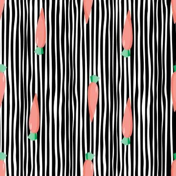 Doodle carrots backdrop. Hand drawn carrot seamless pattern on stripes backgr Illustrazione stock
