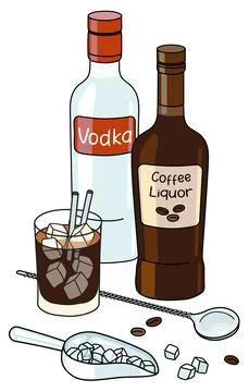 Doodle cartoon Black Russian cocktail and ingredients composition. Bottles of Stock Illustration