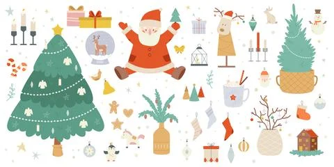 Doodle cartoon christmas decorations elements. Xmas tree, toys and santa claus Stock Illustration