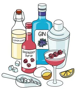 Doodle cartoon clover club cocktail and ingredients composition. A bottle of gin Stock Illustration