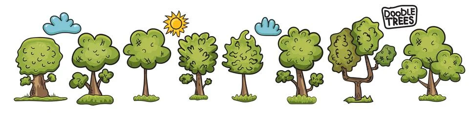 Doodle cartoon green trees vector set, hand drawn whimsical nature elements イラスト素材