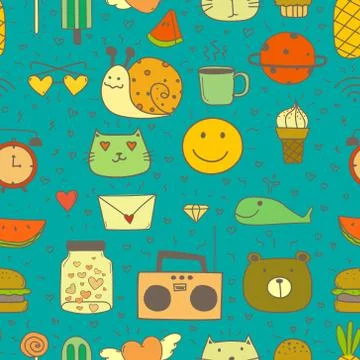 Doodle Cartoon Seamless Pattern Background For Kid. Vector illustration for f Stock Illustration