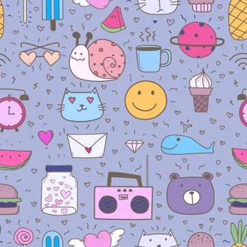 Doodle Cartoon Seamless Pattern Background For Kid. Vector illustration for f Stock Illustration