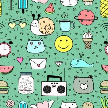 Doodle Cartoon Seamless Pattern Background For Kid. Vector illustration for f Illustrazione stock