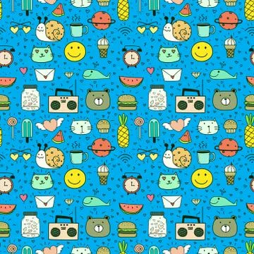 Doodle Cartoon Seamless Pattern Background For Kid. Vector illustration for f Stock Illustration
