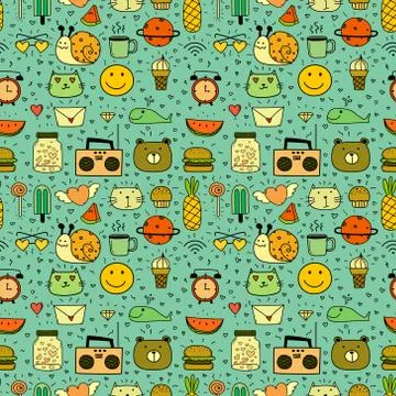 Doodle Cartoon Seamless Pattern Background For Kid. Vector illustration for f Stock Illustration