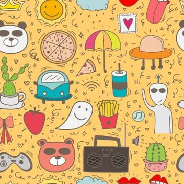 Doodle Cartoon Seamless Pattern Background For Kid. Vector illustration for f Stock Illustration